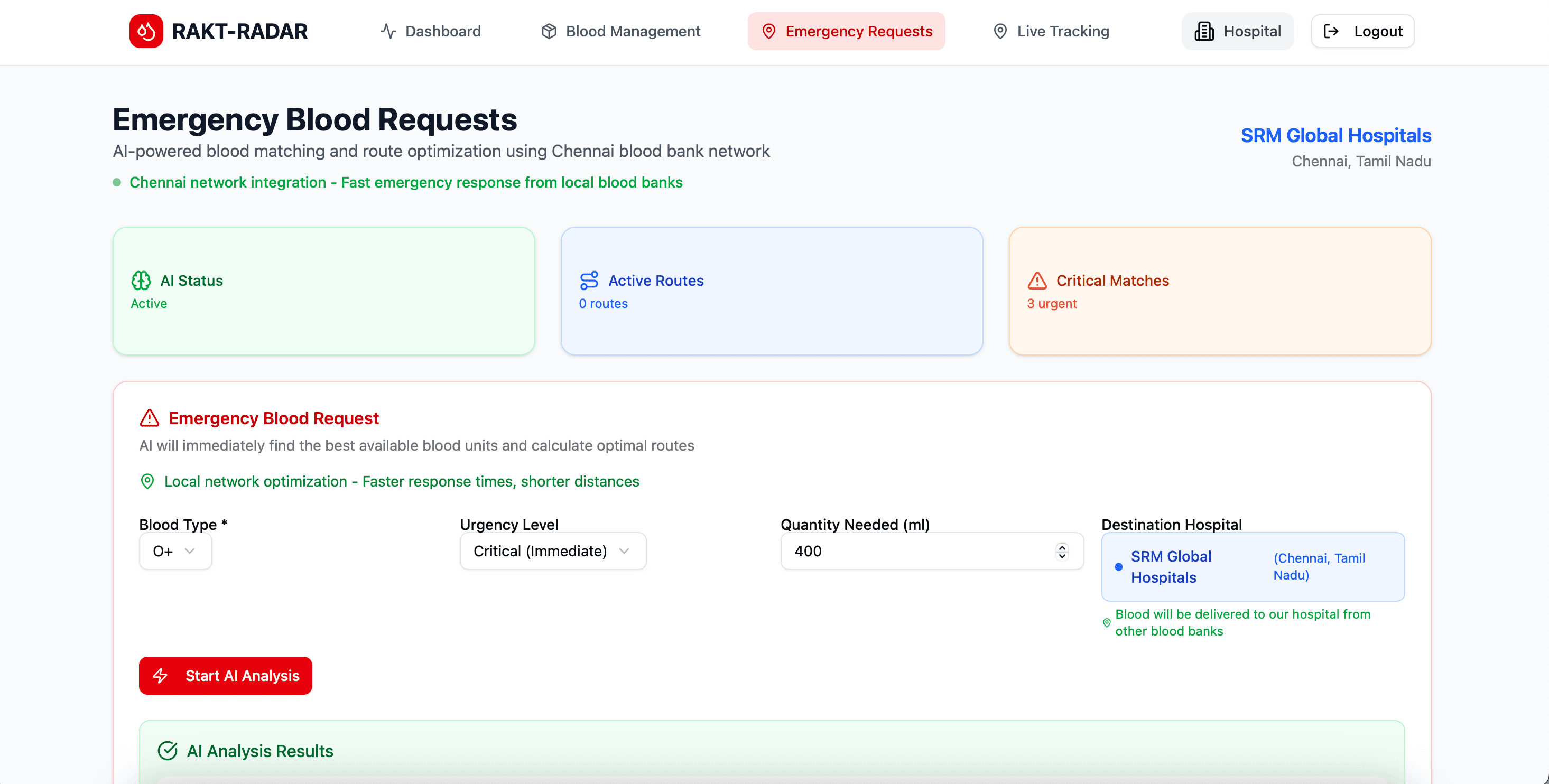 RAKT-RADAR project screenshot - An AI-powered platform to predict blood expiries and optimize redistribution across hospitals. Desig...